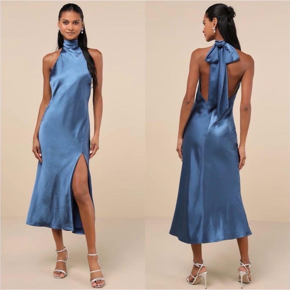Lulu's Steel Blue Satin Halter Backless Midi Dress